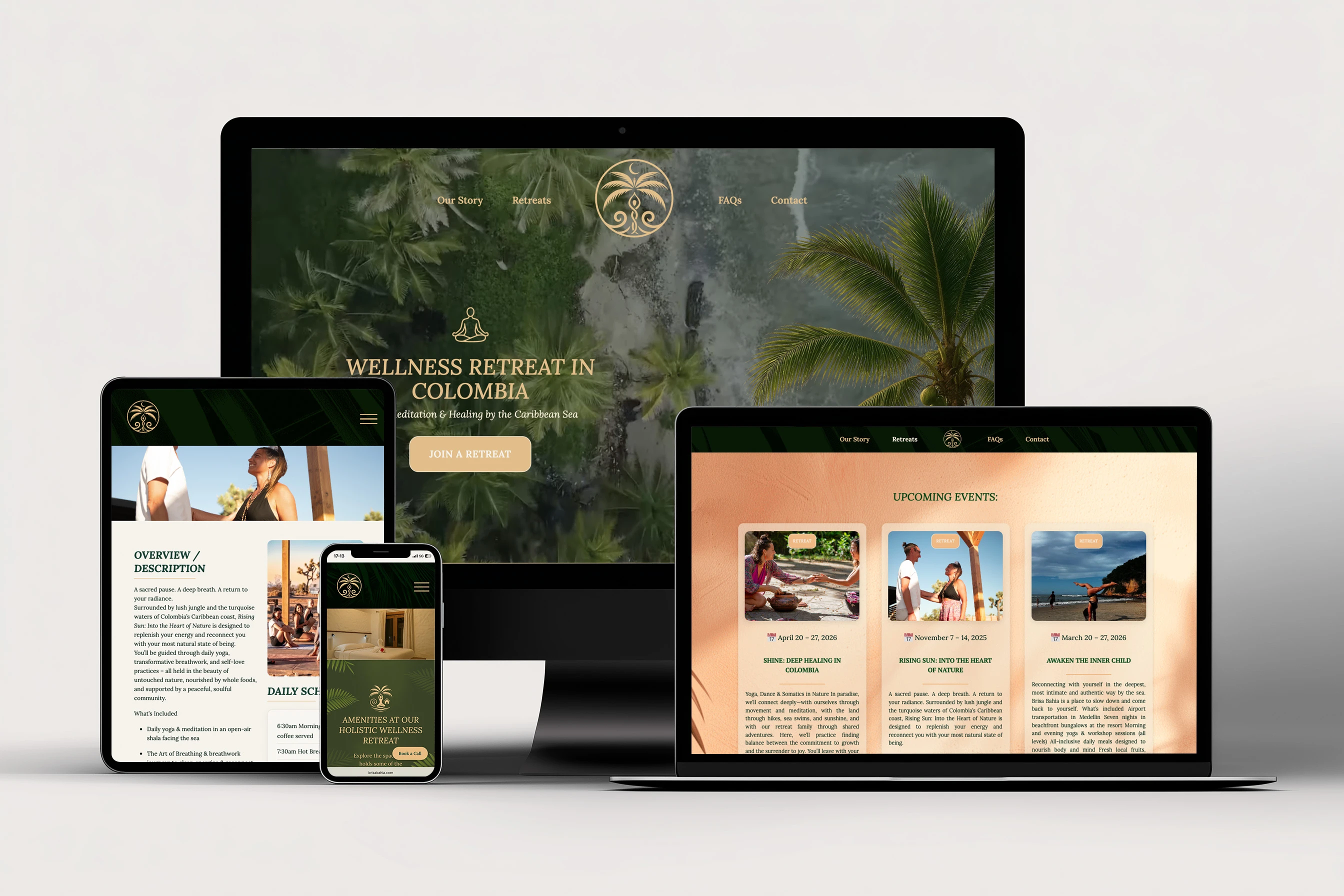 Brisa Bahía retreat center branding and website displayed on desktop, tablet and mobile devices