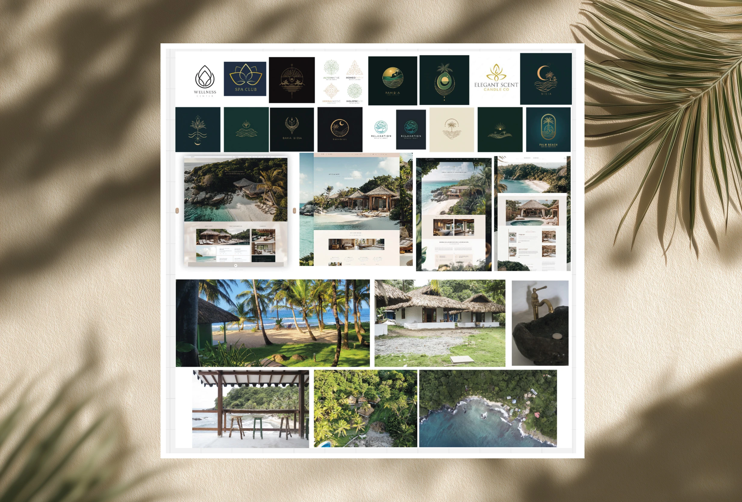 Moodboard mixing lush jungle textures, ocean breeze palettes, and facilitator rituals